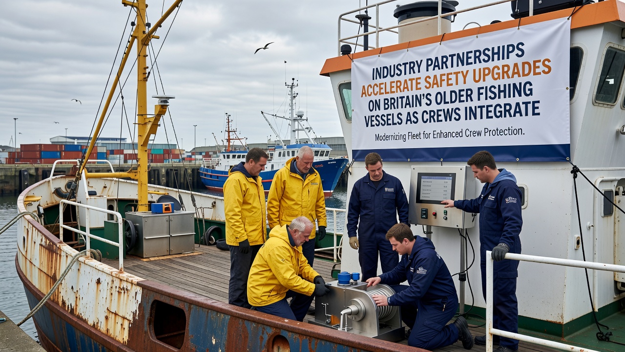 Crew monitoring digital sensor data aboard an older fishing vessel