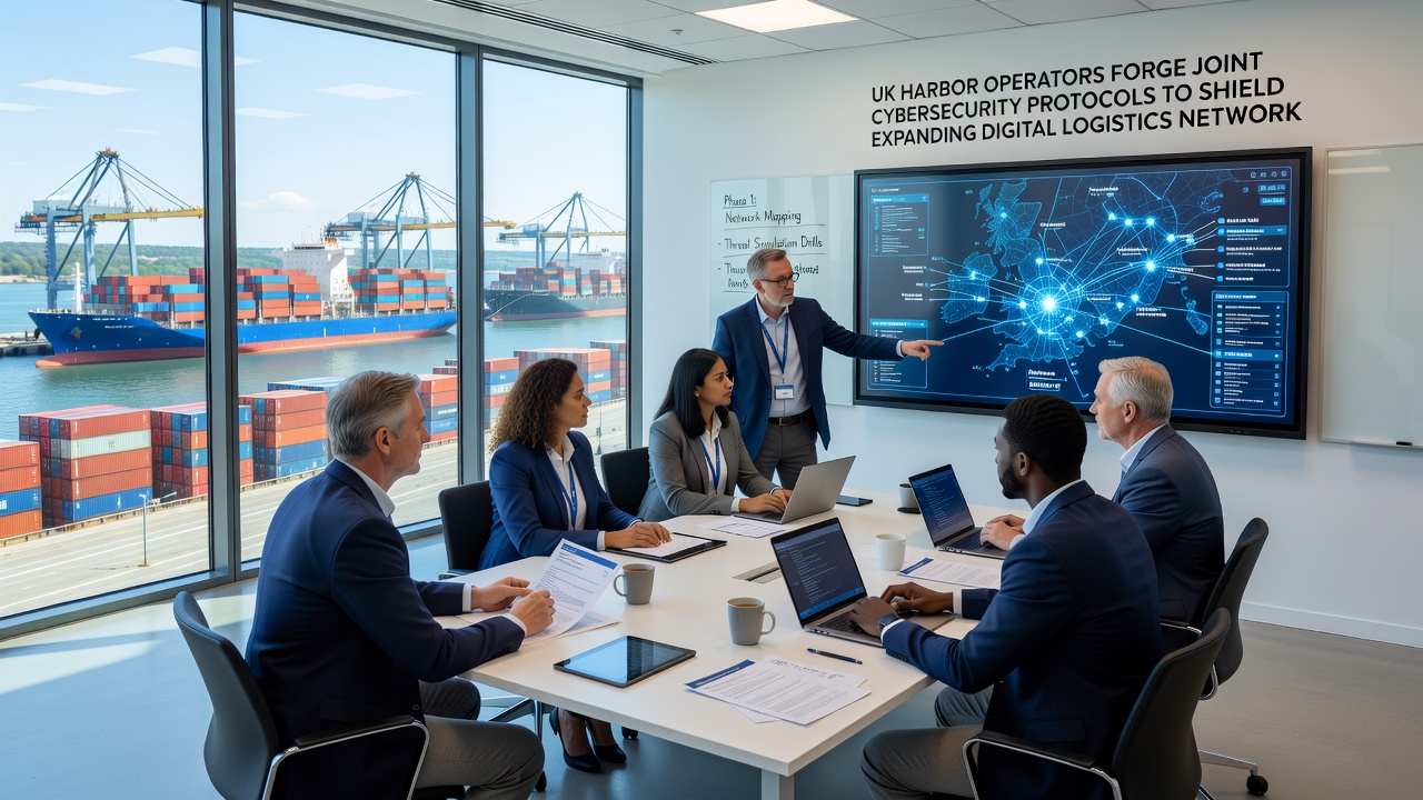 Digital logistics network dashboard displaying harbor cybersecurity metrics